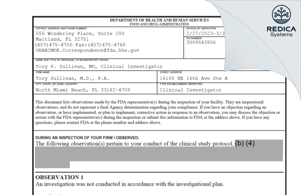 FDA 483 - Tory Sullivan, M.D., P.A. [North Miami Beach / United States of America] - Download PDF - Redica Systems