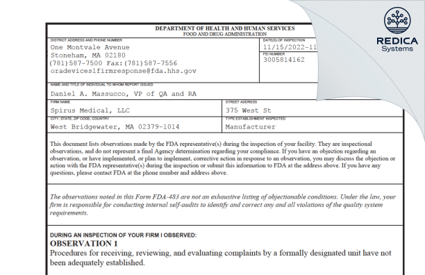 FDA 483 - Spirus Medical, LLC [West Bridgewater / United States of America] - Download PDF - Redica Systems