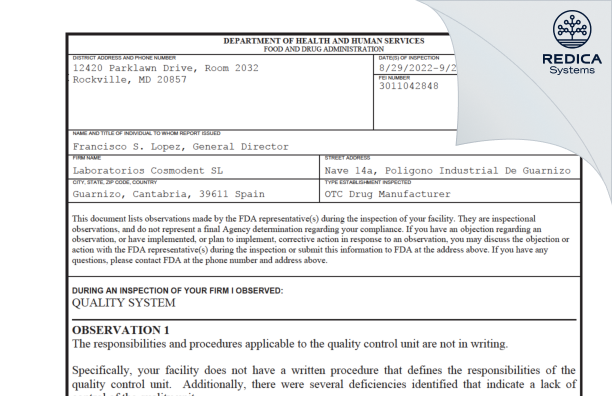 FDA 483 - LABORATORIOS COSMODENT SL [Spain / Spain] - Download PDF - Redica Systems