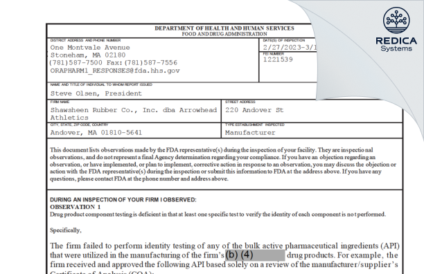 FDA 483 - Shawsheen Rubber Co., Inc. dba Arrowhead Athletics [Andover / United States of America] - Download PDF - Redica Systems