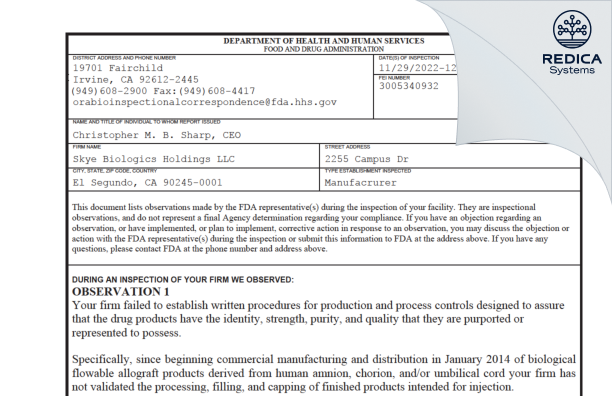 FDA 483 - Skye Biologics Holdings LLC [El Segundo / United States of America] - Download PDF - Redica Systems