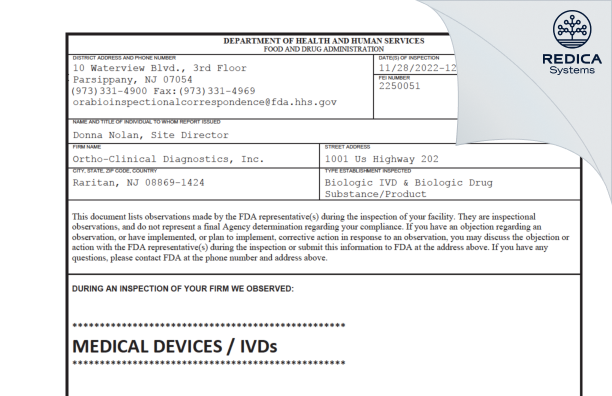 FDA 483 - Ortho-Clinical Diagnostics, Inc. [Jersey / United States of America] - Download PDF - Redica Systems