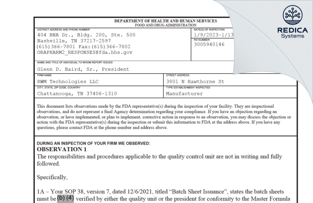 FDA 483 - RWM TECHNOLOGIES LLC [Chattanooga / United States of America] - Download PDF - Redica Systems