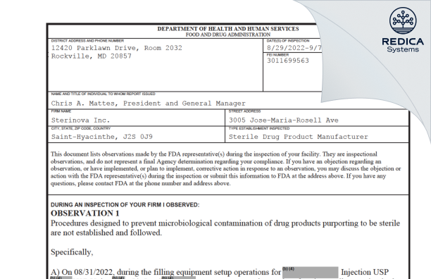 FDA 483 - Sterinova Inc. [Saint-Hyacinthe / Canada] - Download PDF - Redica Systems