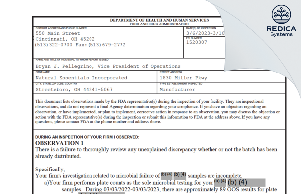 FDA 483 - Natural Essentials, Inc. [Ohio / United States of America] - Download PDF - Redica Systems