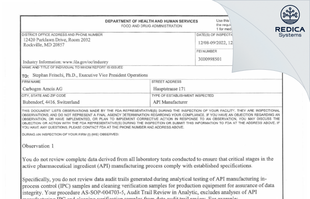 FDA 483 - CARBOGEN AMCIS AG [Bubendorf / Switzerland] - Download PDF - Redica Systems