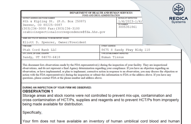 FDA 483 - Utah Cord Bank LLC [Sandy / United States of America] - Download PDF - Redica Systems