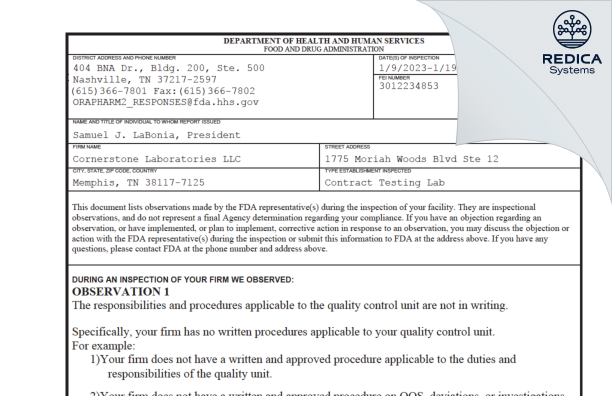FDA 483 - Cornerstone Laboratories, LLC [Memphis / United States of America] - Download PDF - Redica Systems