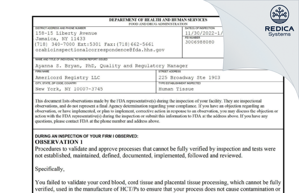 FDA 483 - Americord Registry LLC [New York / United States of America] - Download PDF - Redica Systems
