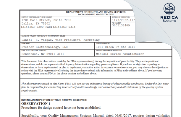 FDA 483 - Steiner Biotechnology, LLC [Henderson / United States of America] - Download PDF - Redica Systems