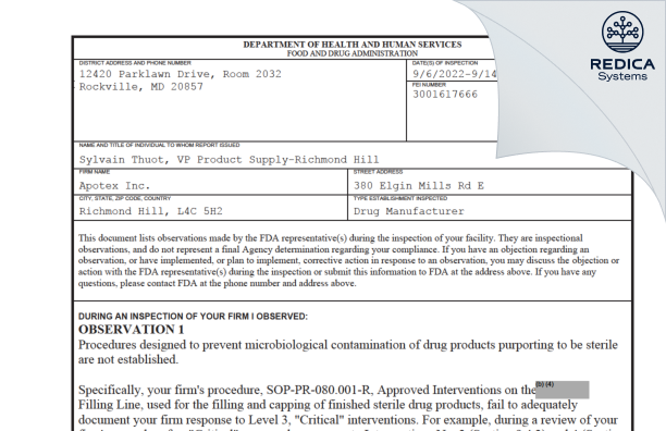 FDA 483 - Apotex Inc. [Richmond Hill / Canada] - Download PDF - Redica Systems