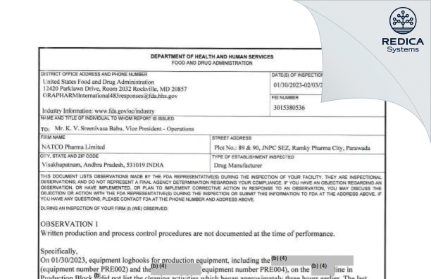 FDA 483 - NATCO PHARMA LIMITED [India / India] - Download PDF - Redica Systems