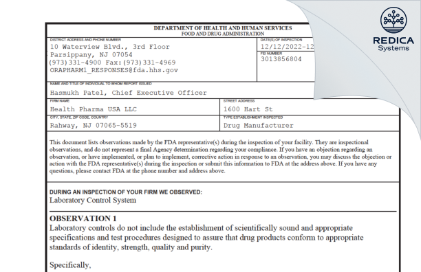 FDA 483 - Health Pharma USA LLC [Jersey / United States of America] - Download PDF - Redica Systems