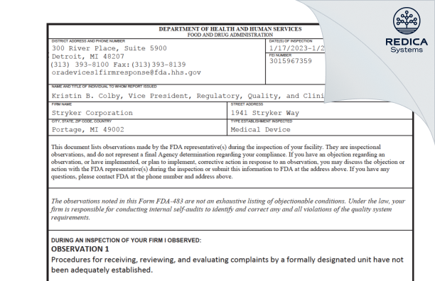 FDA 483 - Stryker Corporation [Portage / United States of America] - Download PDF - Redica Systems