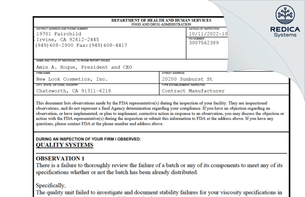 FDA 483 - New Look Cosmetics, Inc [Chatsworth California / United States of America] - Download PDF - Redica Systems