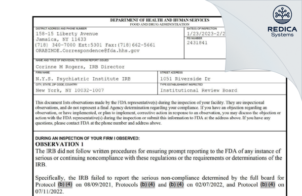 FDA 483 - N.Y.S. Psychiatric Institute IRB [New York / United States of America] - Download PDF - Redica Systems