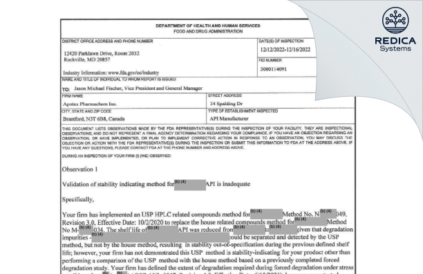 FDA 483 - Apotex Pharmachem Inc. [Brantford / Canada] - Download PDF - Redica Systems
