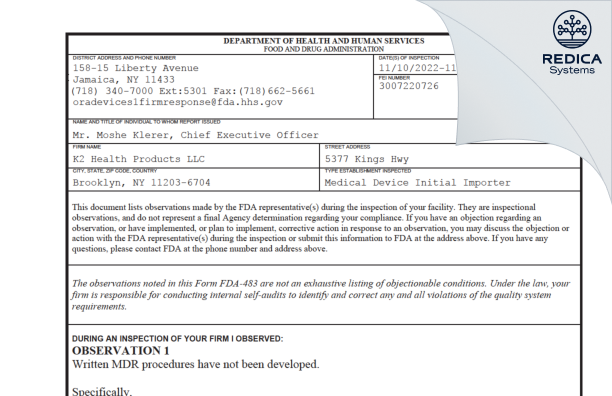 FDA 483 - K2 Health Products LLC [Brooklyn / United States of America] - Download PDF - Redica Systems