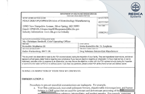 FDA 483 - Rentschler Biopharma SE [Laupheim / Germany] - Download PDF - Redica Systems