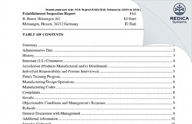 EIR - B. BRAUN MELSUNGEN AG [Melsungen / Germany] - Download PDF - Redica Systems