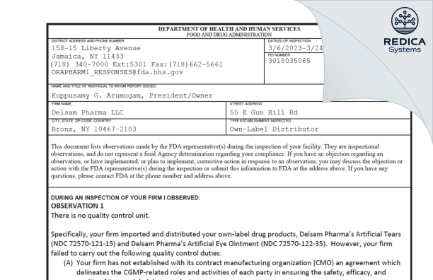 FDA 483 - Delsam Pharma LLC [Bronx / United States of America] - Download PDF - Redica Systems