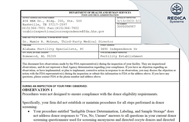 FDA 483 - Alabama Fertility Specialists, PC [Homewood / United States of America] - Download PDF - Redica Systems