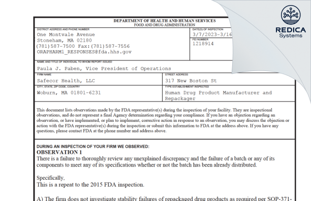 FDA 483 - Safecor Health, LLC [Woburn / United States of America] - Download PDF - Redica Systems