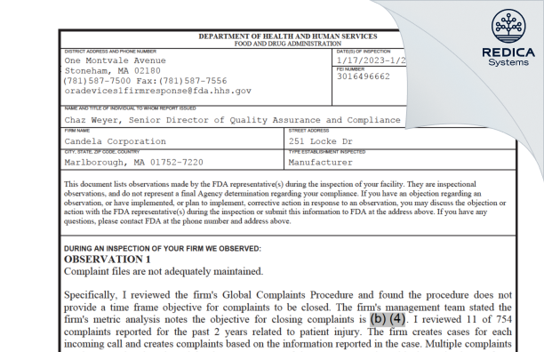 FDA 483 - Candela Corporation [Marlborough / United States of America] - Download PDF - Redica Systems