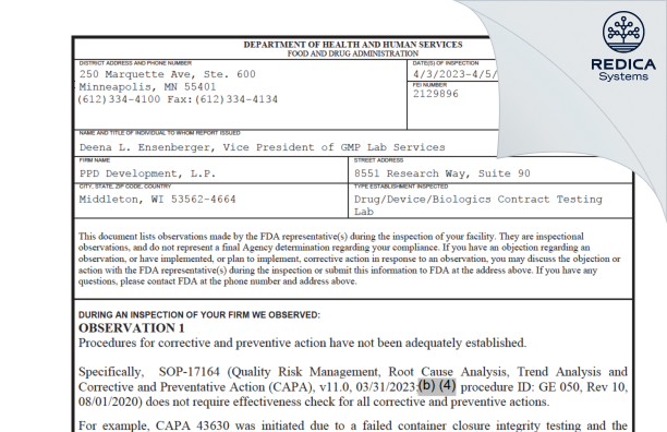 FDA 483 - PPD Development, L.P. [Middleton / United States of America] - Download PDF - Redica Systems