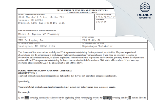 FDA 483 - EPM Packaging Inc [Lexington / United States of America] - Download PDF - Redica Systems