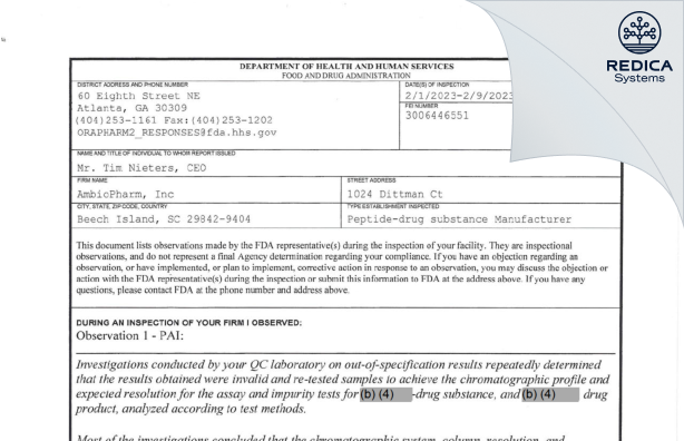 FDA 483 - Ambiopharm Inc [North Augusta / United States of America] - Download PDF - Redica Systems