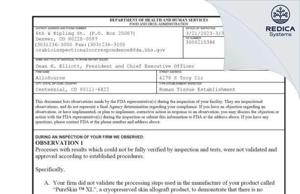 FDA 483 - AlloSource [Centennial / United States of America] - Download PDF - Redica Systems
