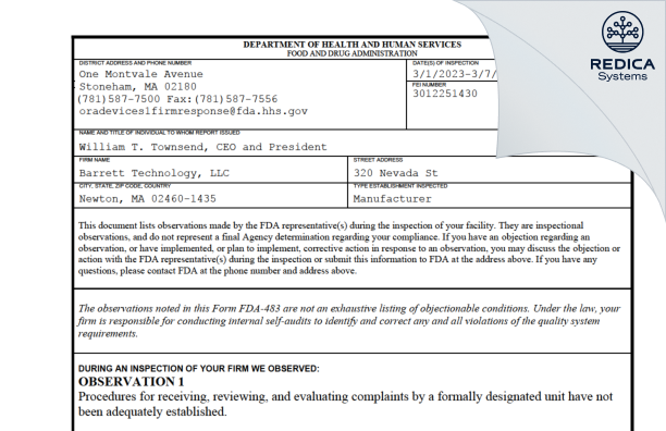 FDA 483 - Barrett Technology, LLC [Newton / United States of America] - Download PDF - Redica Systems
