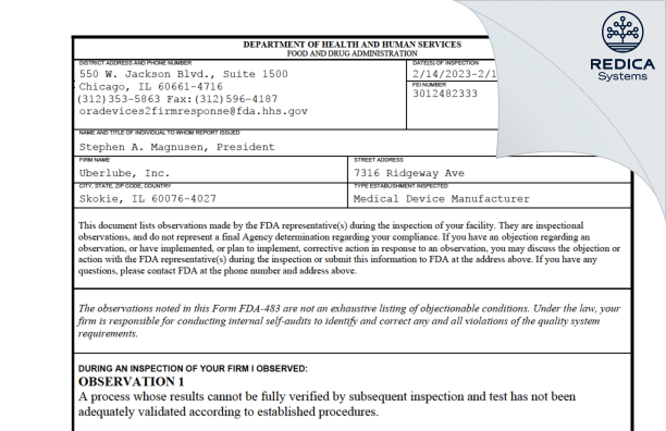 FDA 483 - Uberlube, Inc. [Skokie / United States of America] - Download PDF - Redica Systems