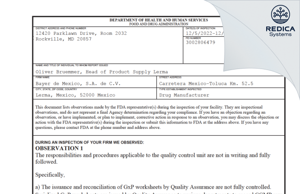 FDA 483 - Bayer de Mexico, S.A. de C.V. [Mexico / Mexico] - Download PDF - Redica Systems