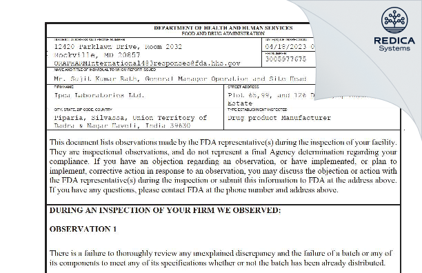 FDA 483 - Ipca Laboratories Limited [India / India] - Download PDF - Redica Systems