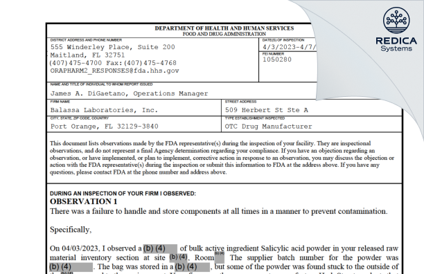 FDA 483 - Balassa Laboratories Inc. [Florida / United States of America] - Download PDF - Redica Systems