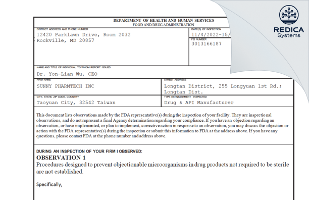 FDA 483 - Sunny Pharmtech Inc. [Taoyuan City / Taiwan] - Download PDF - Redica Systems