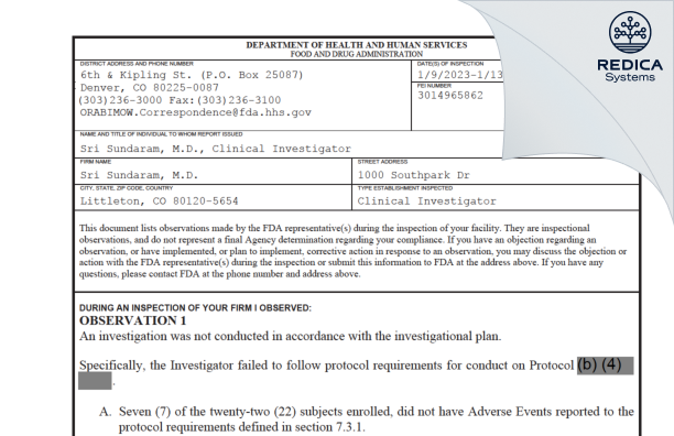 FDA 483 - Sri Sundaram, M.D. [Littleton / United States of America] - Download PDF - Redica Systems