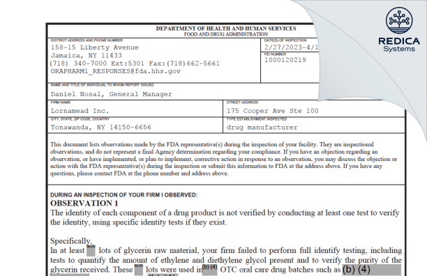 FDA 483 - Lornamead [York / United States of America] - Download PDF - Redica Systems