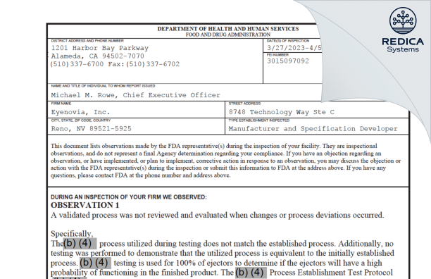 FDA 483 - Eyenovia, Inc. [Reno / United States of America] - Download PDF - Redica Systems