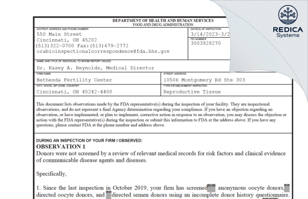 FDA 483 - Bethesda Fertility Center [Cincinnati / United States of America] - Download PDF - Redica Systems