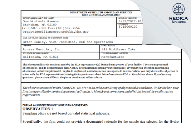 FDA 483 - Access Vascular, Inc [Billerica / United States of America] - Download PDF - Redica Systems