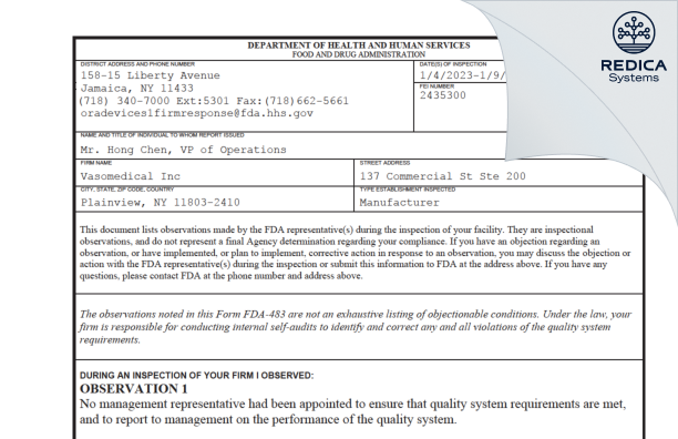 FDA 483 - Vasomedical Inc [Plainview / United States of America] - Download PDF - Redica Systems