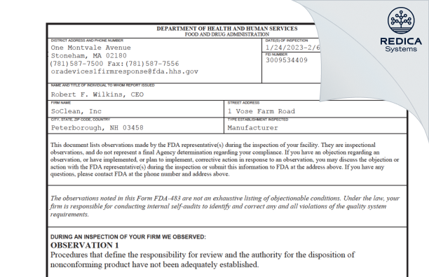 FDA 483 - SoClean, Inc [Peterborough / United States of America] - Download PDF - Redica Systems