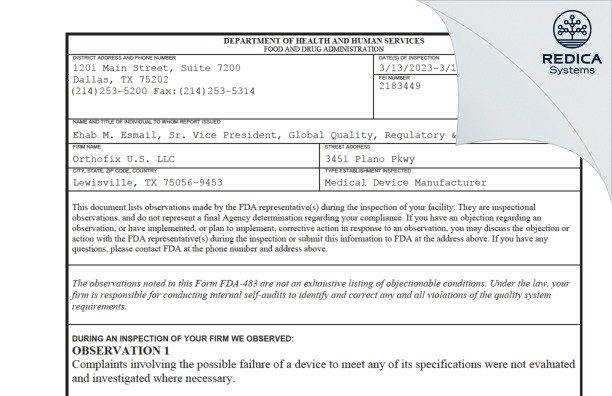 FDA 483 - Orthofix U.S. LLC [Lewisville / United States of America] - Download PDF - Redica Systems