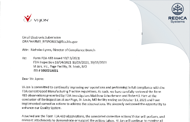 FDA 483 Response - VI-JON, LLC [Saint Louis / United States of America] - Download PDF - Redica Systems