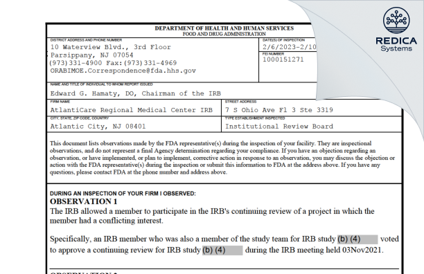 FDA 483 - AtlantiCare Regional Medical Center IRB [Atlantic City / United States of America] - Download PDF - Redica Systems