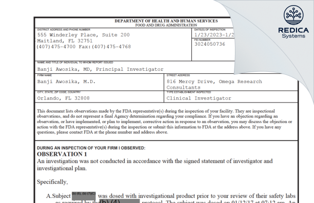 FDA 483 - Banji Awosika, M.D. [Orlando / United States of America] - Download PDF - Redica Systems