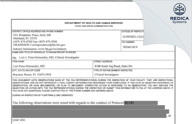FDA 483 - Luis Pena-Hernandez, M.D. [Atlantis / United States of America] - Download PDF - Redica Systems